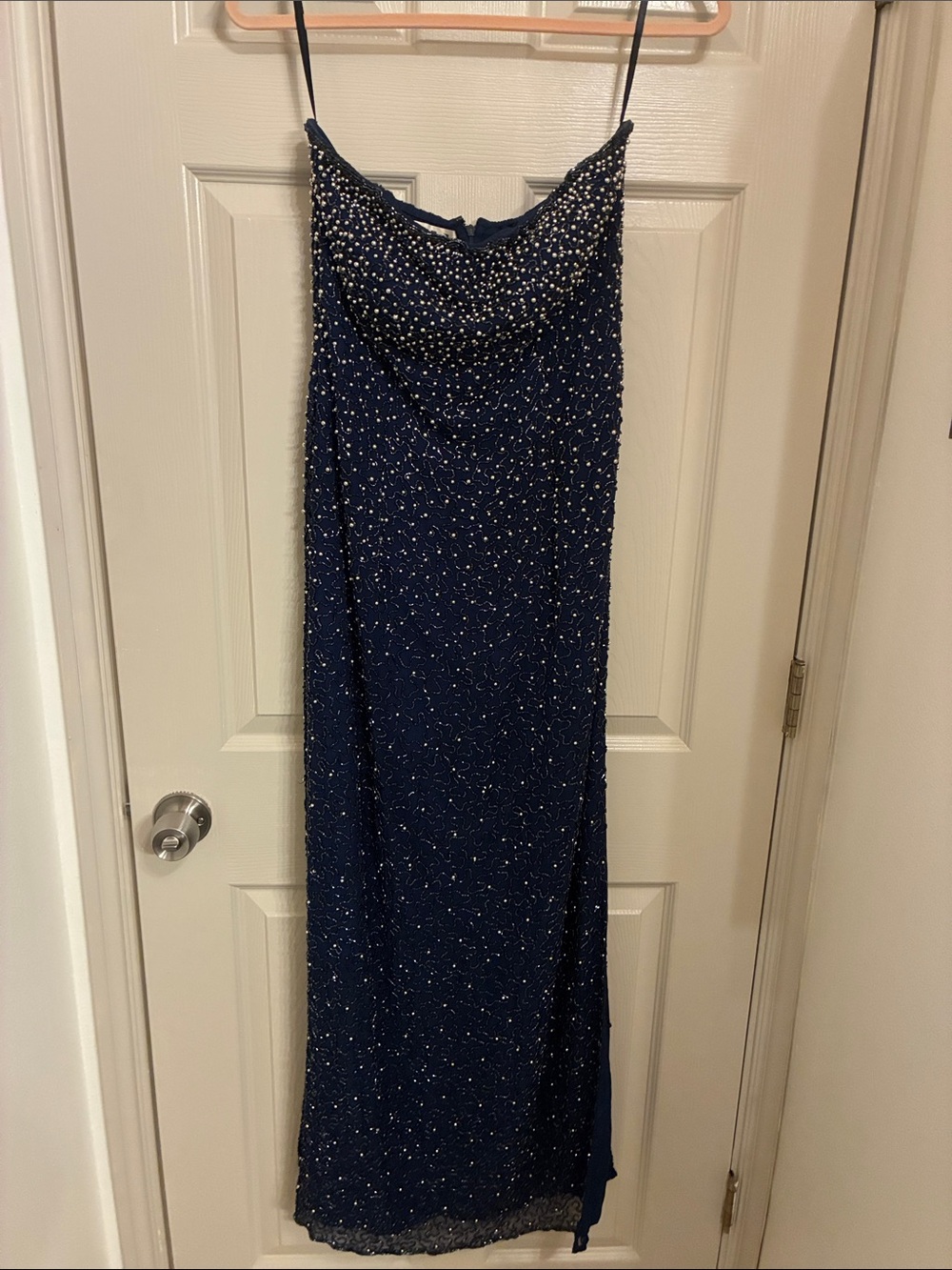 Beaded Navy‎ Maxi Dress with Spaghetti Straps